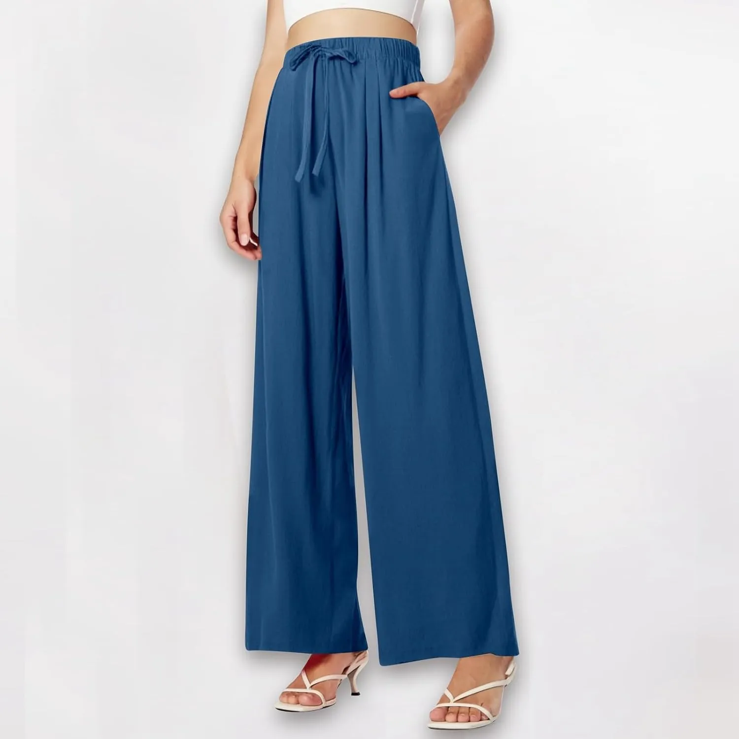 Women's Summer Elastic Waist Wide Leg Pants 2025 Solid Color Cotton Linen Lounge Comfy Plus Size Flowy Long Trousers