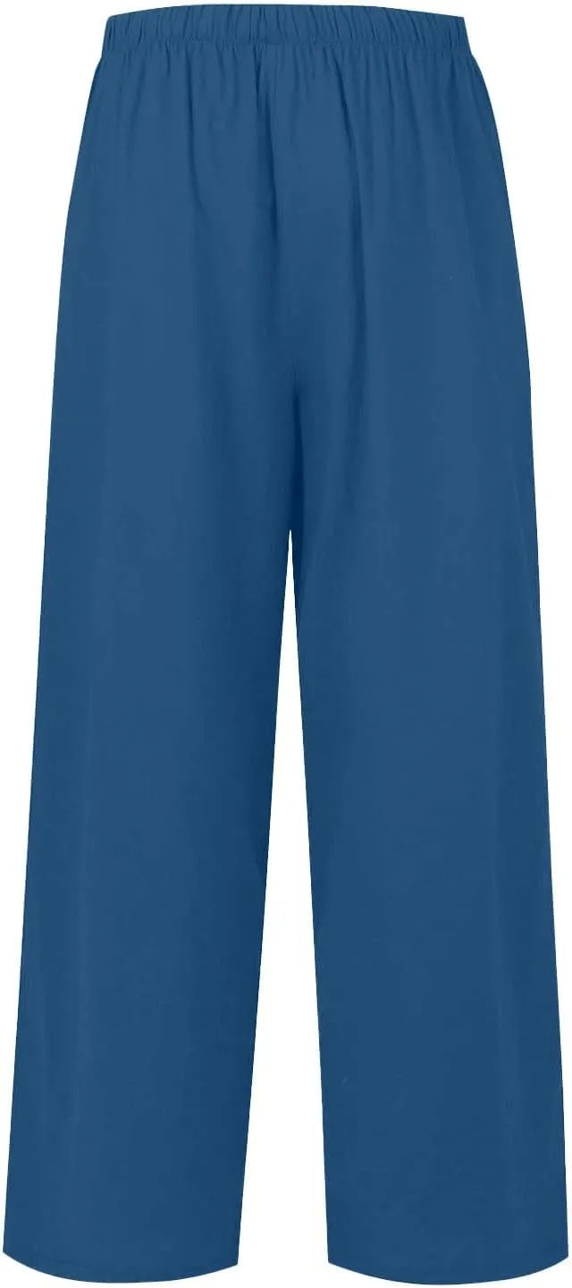 Women's Summer Elastic Waist Wide Leg Pants 2025 Solid Color Cotton Linen Lounge Comfy Plus Size Flowy Long Trousers