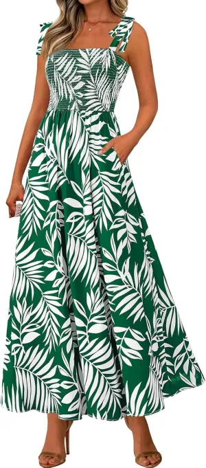 Women's Summer Floral Maxi Dress Spaghetti Strap Smocked Boho Beach Long Dress Sleeveless Ruffle Tiered Flowy Dresses