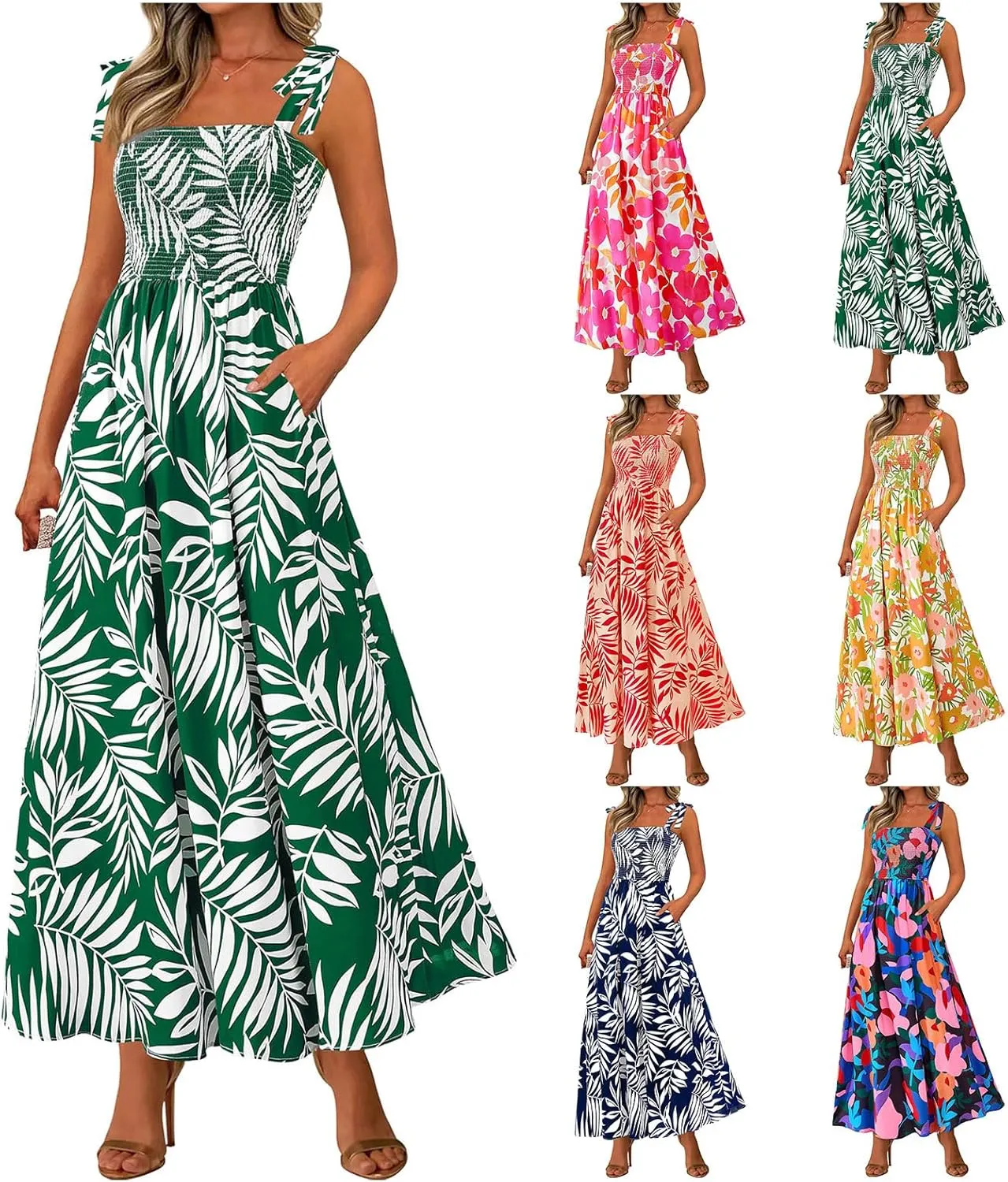 Women's Summer Floral Maxi Dress Spaghetti Strap Smocked Boho Beach Long Dress Sleeveless Ruffle Tiered Flowy Dresses