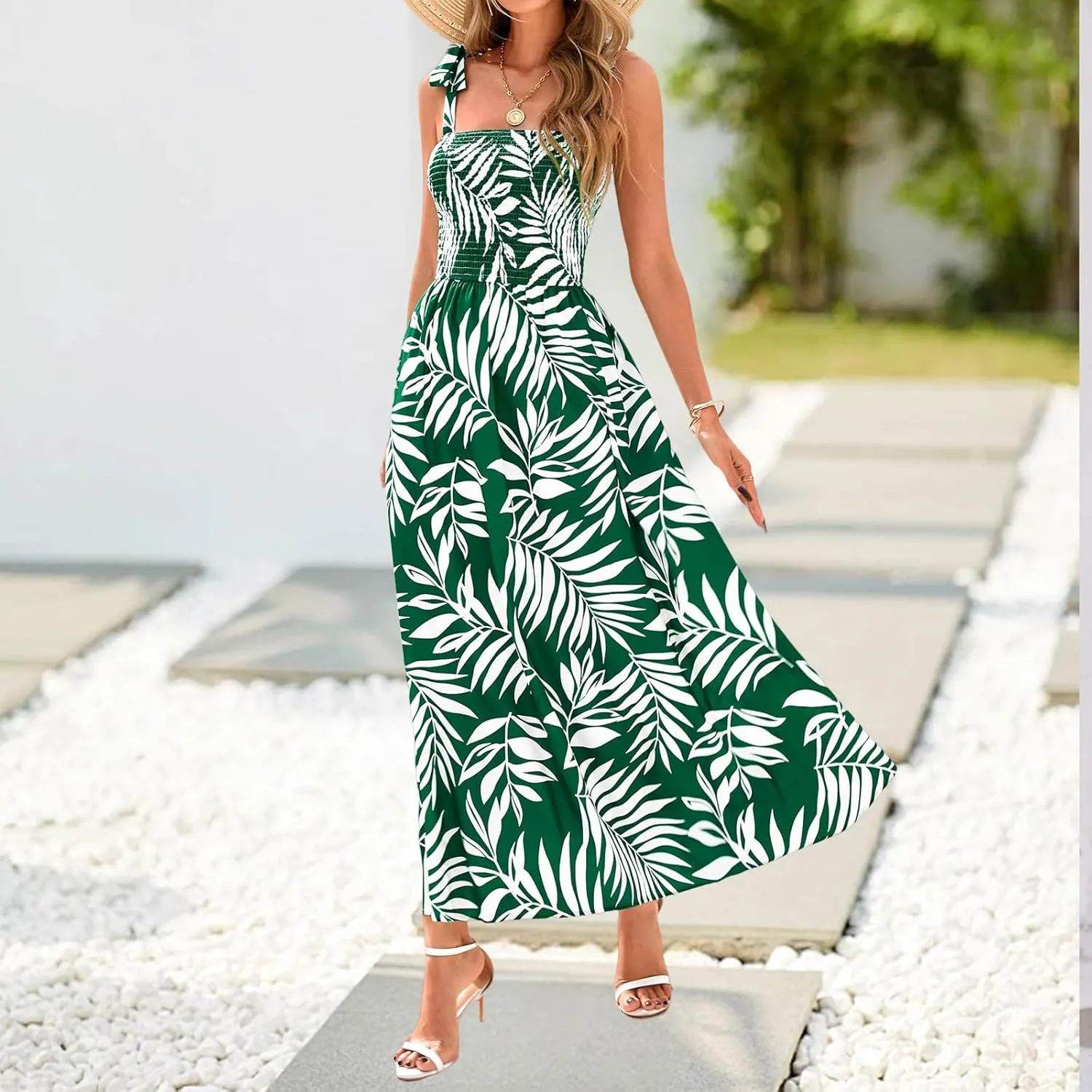 Women's Summer Floral Maxi Dress Spaghetti Strap Smocked Boho Beach Long Dress Sleeveless Ruffle Tiered Flowy Dresses