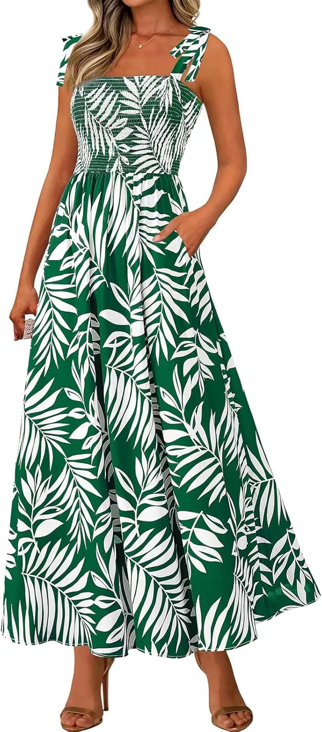 Women's Summer Floral Maxi Dress Spaghetti Strap Smocked Boho Beach Long Dress Sleeveless Ruffle Tiered Flowy Dresses