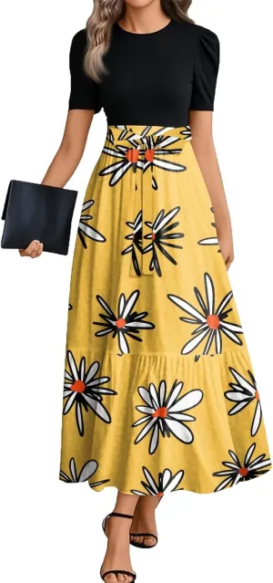 Womens Summer Floral Midi Dresses Cap Sleeve Beach Vacation Dress V Neck Ruffle Long Flowy Boho Casual Long Flowy Dress