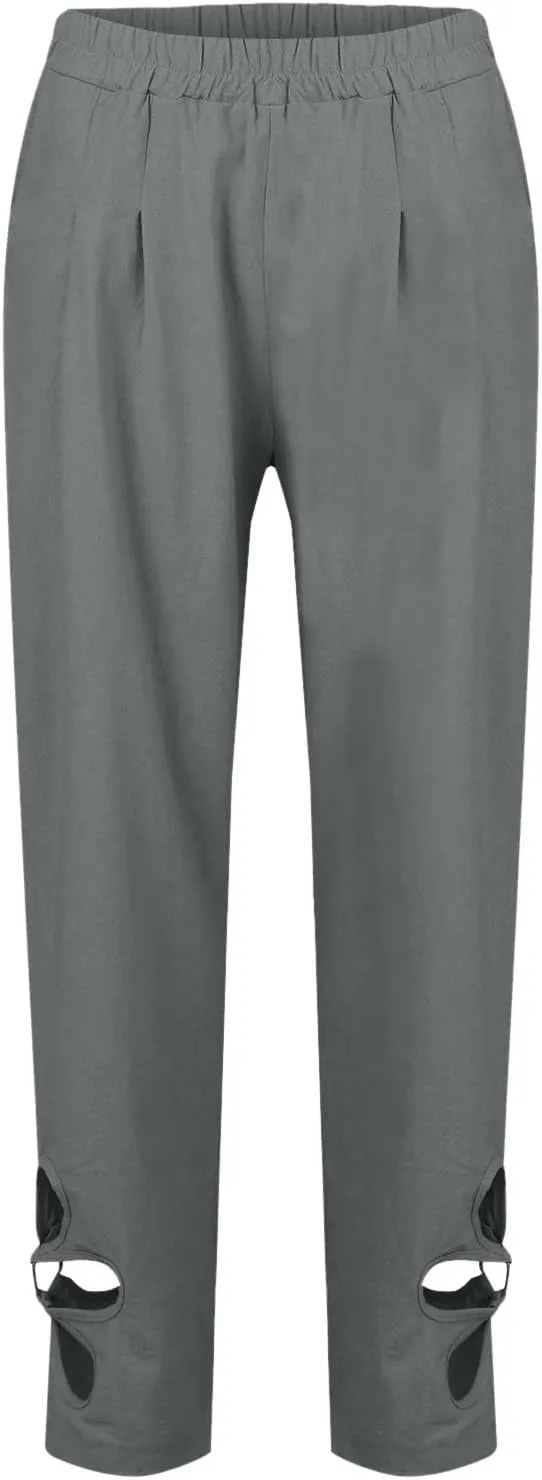 Women's Summer Lace Cotton Linen Beach Capri Pants 2024 with Pockets Casual Loose Elastic High Waisted Trousers