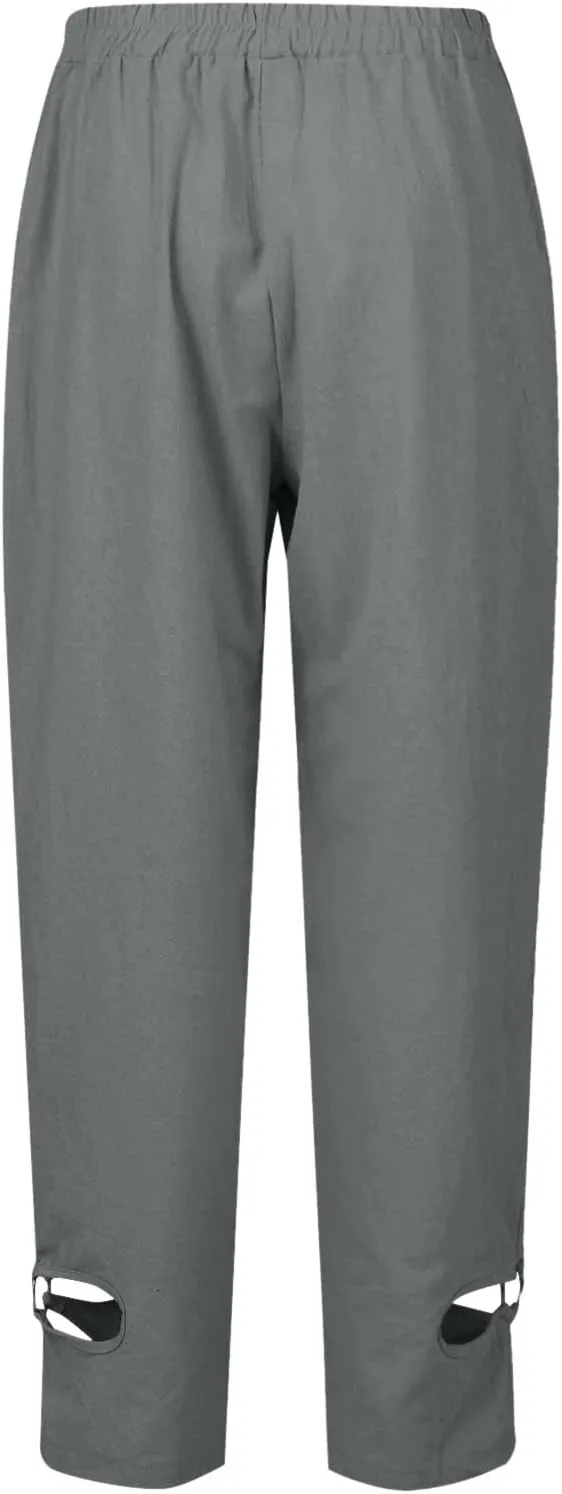 Women's Summer Lace Cotton Linen Beach Capri Pants 2024 with Pockets Casual Loose Elastic High Waisted Trousers