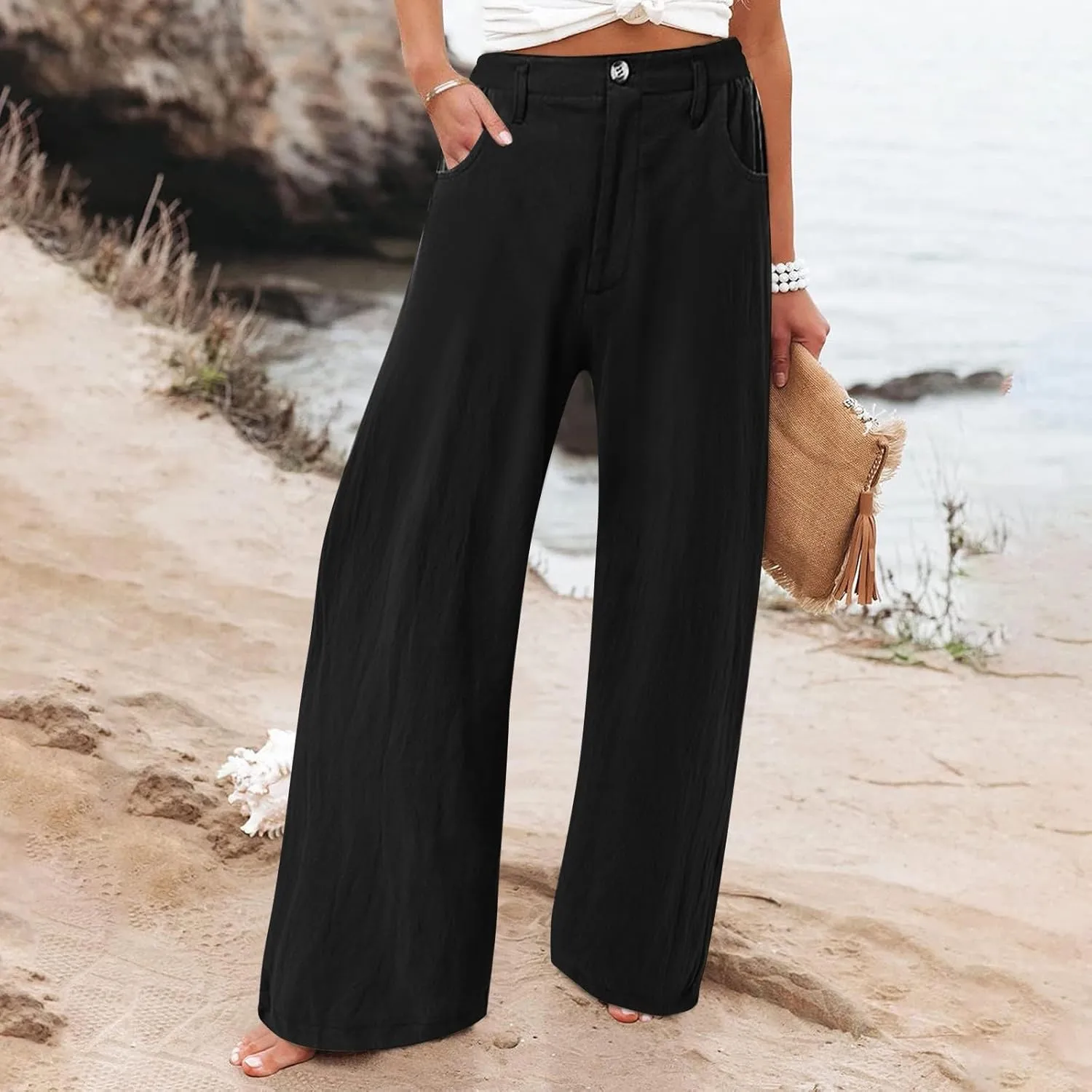 Women's Summer Linen Palazzo Pants Casual Lightweight Straight Wide Leg Trousers Elastic Band Plain Joggers Comfy Yoga Pants
