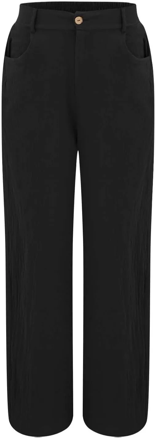 Women's Summer Linen Palazzo Pants Casual Lightweight Straight Wide Leg Trousers Elastic Band Plain Joggers Comfy Yoga Pants