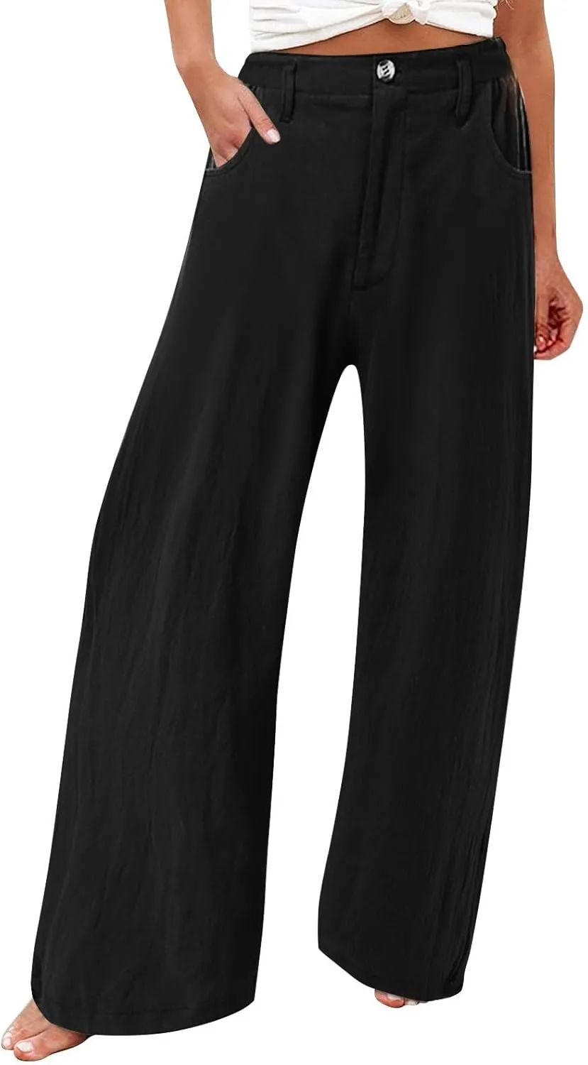 Women's Summer Linen Palazzo Pants Casual Lightweight Straight Wide Leg Trousers Elastic Band Plain Joggers Comfy Yoga Pants