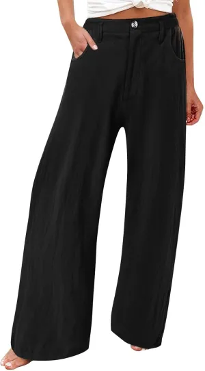 Women's Summer Linen Palazzo Pants Casual Lightweight Straight Wide Leg Trousers Elastic Band Plain Joggers Comfy Yoga Pants