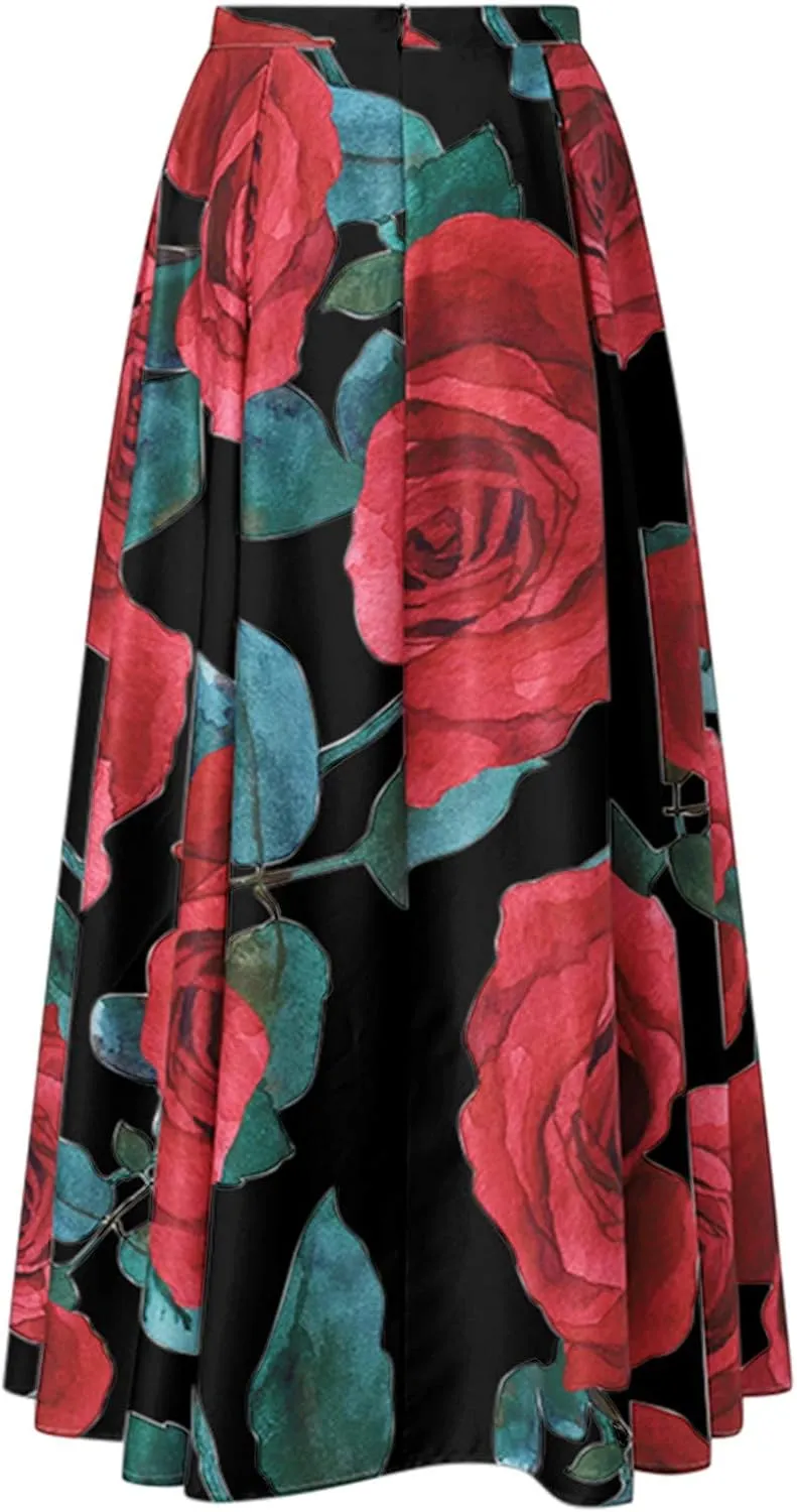 Womens Summer Maxi Skirts High Waist Pleated A-Line Skirts Floral Flowy Swing Long Beach Skirt Dress with Pockets