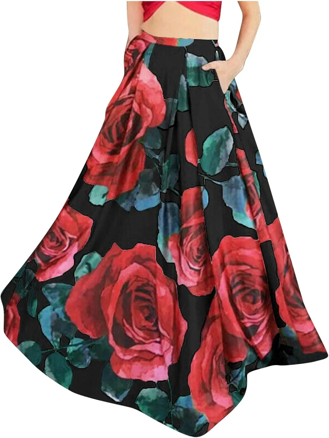 Womens Summer Maxi Skirts High Waist Pleated A-Line Skirts Floral Flowy Swing Long Beach Skirt Dress with Pockets