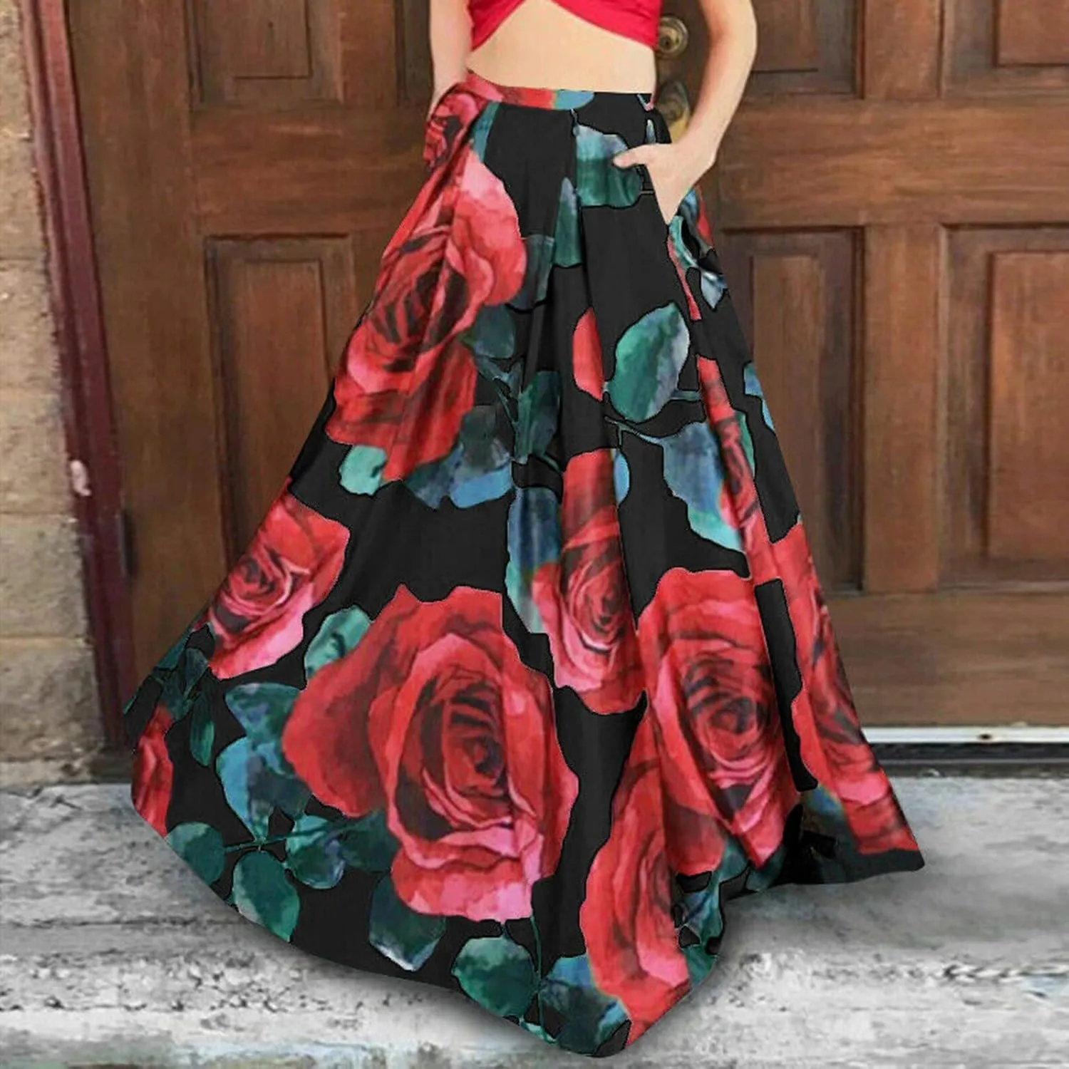 Womens Summer Maxi Skirts High Waist Pleated A-Line Skirts Floral Flowy Swing Long Beach Skirt Dress with Pockets