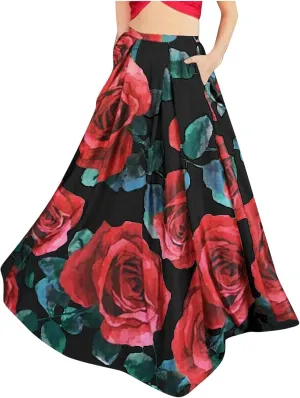 Womens Summer Maxi Skirts High Waist Pleated A-Line Skirts Floral Flowy Swing Long Beach Skirt Dress with Pockets