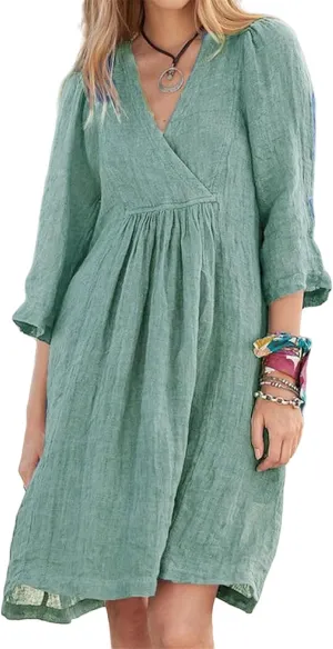 Womens Summer Midi Dresses Cotton Linen Dress V Neck Half Sleeve Loose Dresses Fashion Lightweight Casual Sundress
