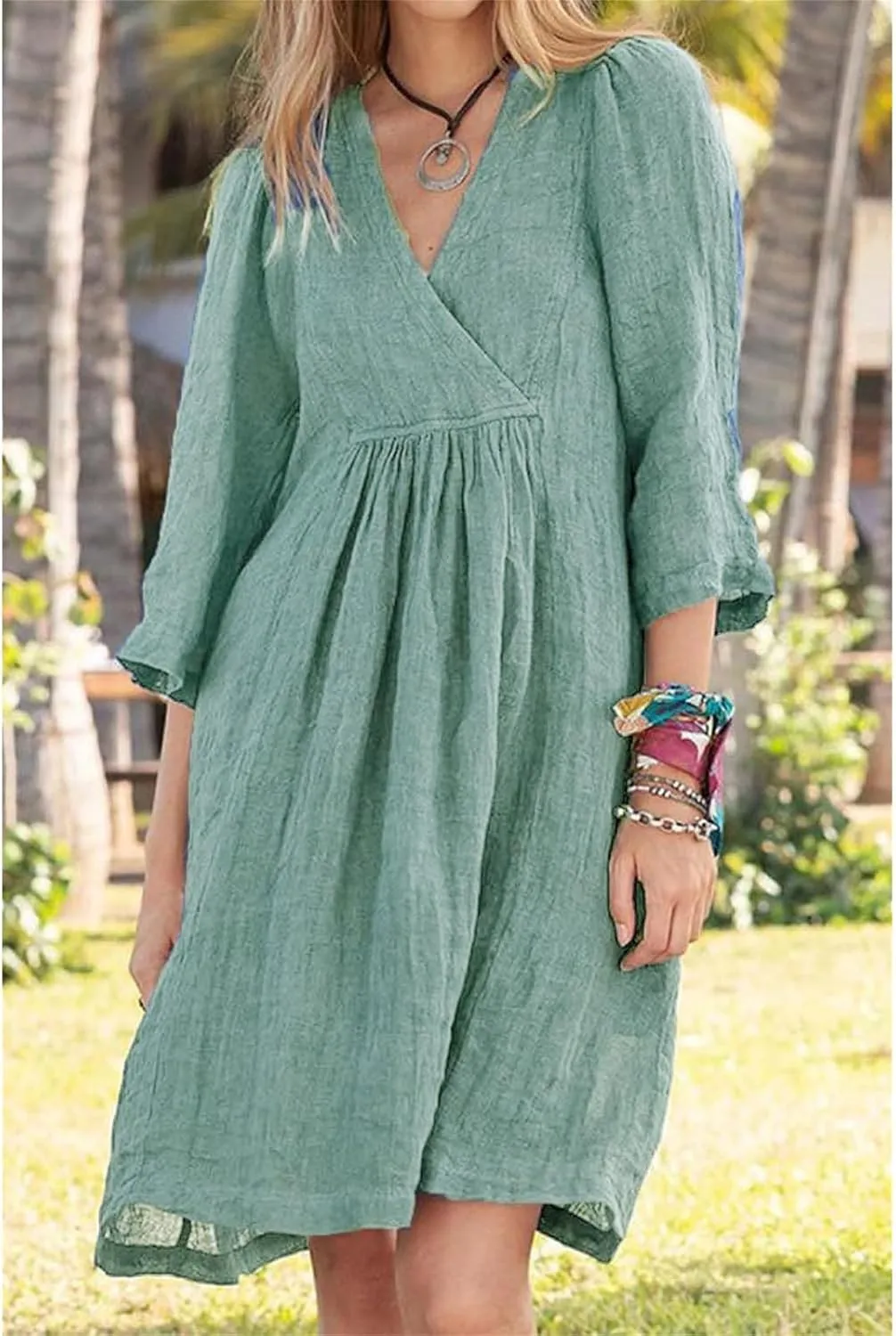 Womens Summer Midi Dresses Cotton Linen Dress V Neck Half Sleeve Loose Dresses Fashion Lightweight Casual Sundress