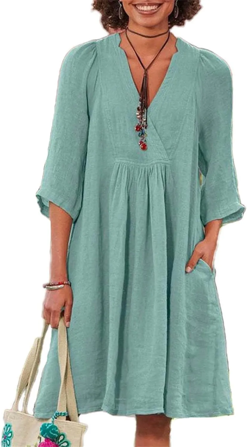 Womens Summer Midi Dresses Cotton Linen Dress V Neck Half Sleeve Loose Dresses Fashion Lightweight Casual Sundress