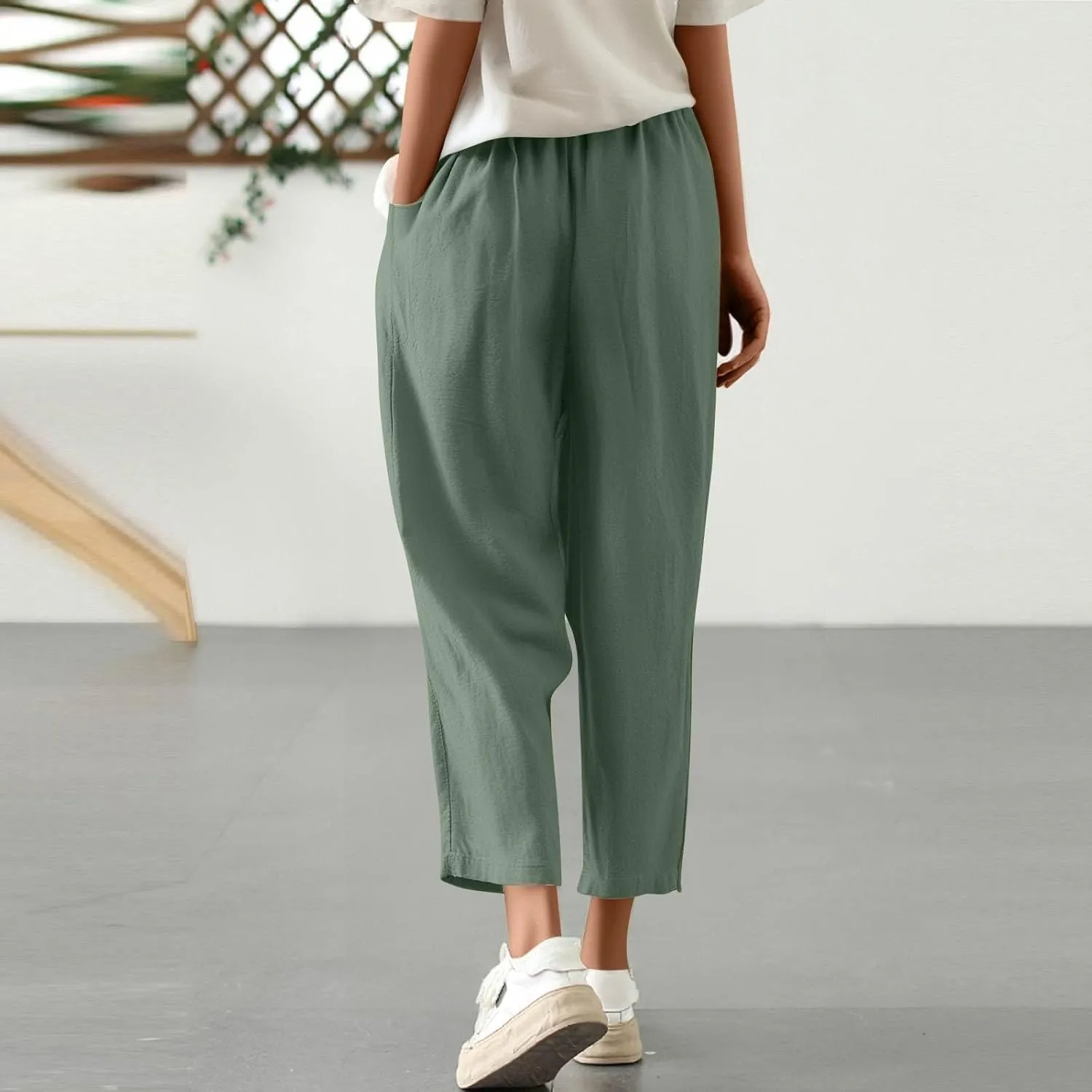 Women's Summer Pants Vacation Outfits Beach 2025 Solid Drawstring Pants with Pockets Harem Lightweight Cropped Slim Joggers
