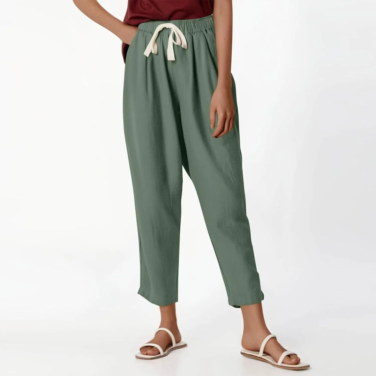 Women's Summer Pants Vacation Outfits Beach 2025 Solid Drawstring Pants with Pockets Harem Lightweight Cropped Slim Joggers