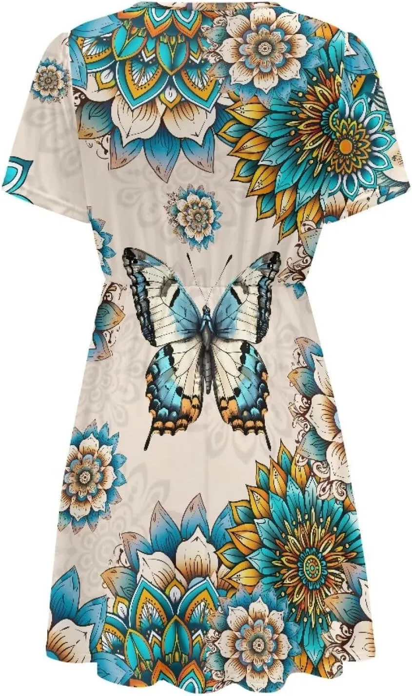 Women's Summer Short Sleeve Dresses V-Neck Casual Party Midi Sundress, S-2XL