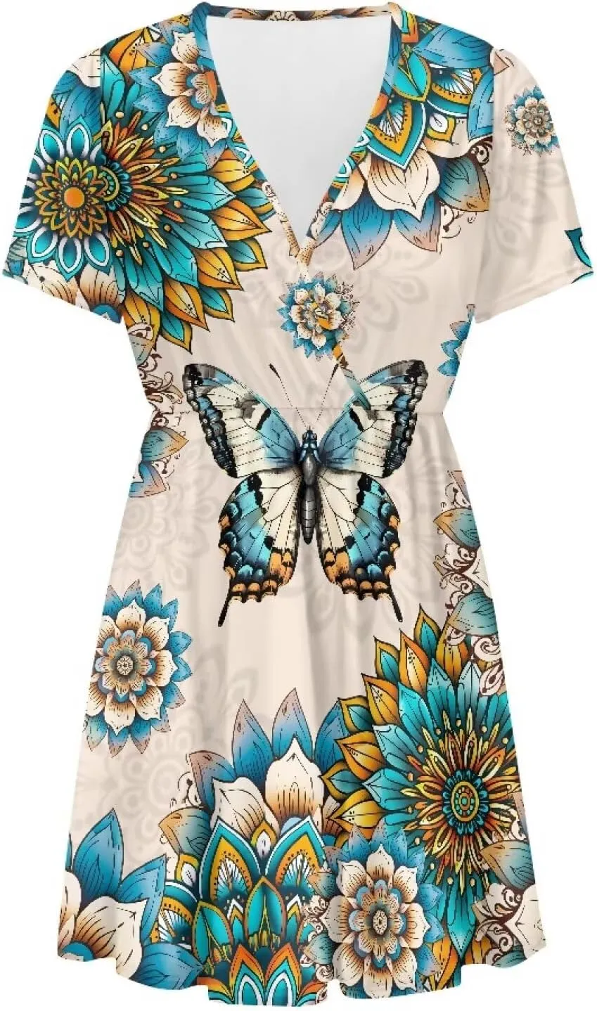 Women's Summer Short Sleeve Dresses V-Neck Casual Party Midi Sundress, S-2XL