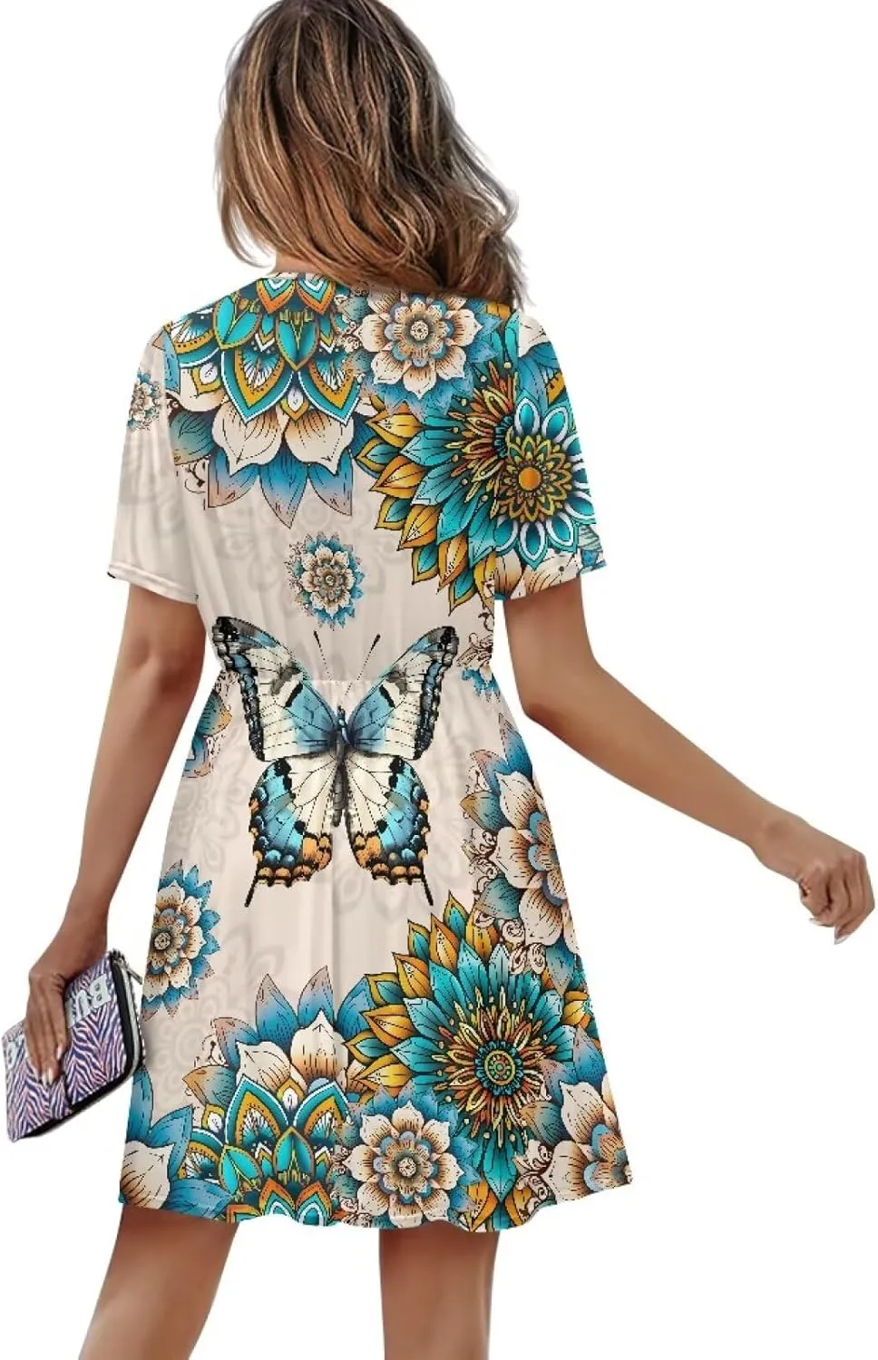 Women's Summer Short Sleeve Dresses V-Neck Casual Party Midi Sundress, S-2XL