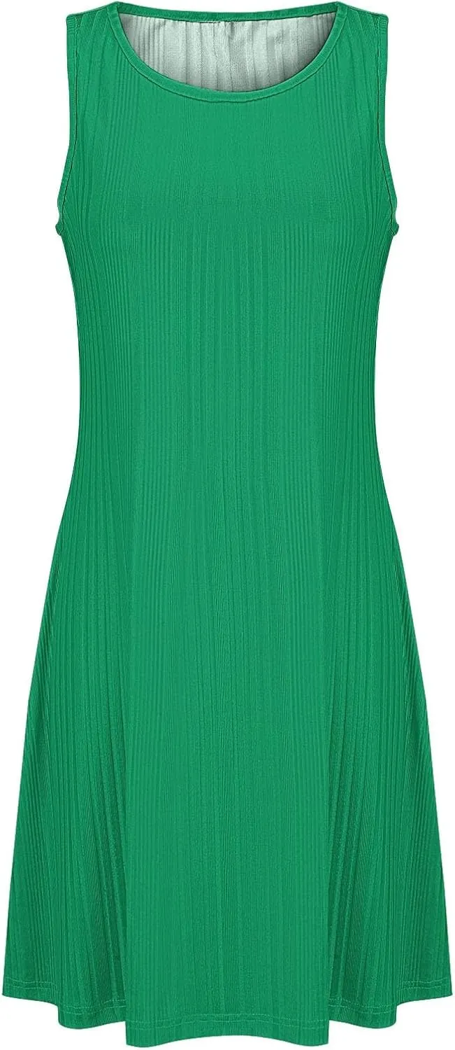 Womens Summer Sleeveless Mini Dress Crewneck Casual A Line Pleated Cover Ups Swing Tank Dresses