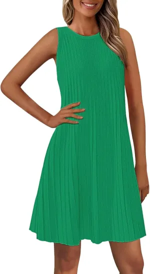 Womens Summer Sleeveless Mini Dress Crewneck Casual A Line Pleated Cover Ups Swing Tank Dresses