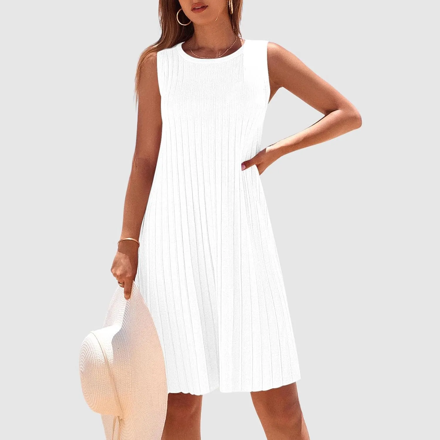 Womens Summer Sleeveless Mini Dress Crewneck Casual A Line Pleated Cover Ups Swing Tank Dresses