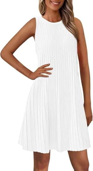 Womens Summer Sleeveless Mini Dress Crewneck Casual A Line Pleated Cover Ups Swing Tank Dresses