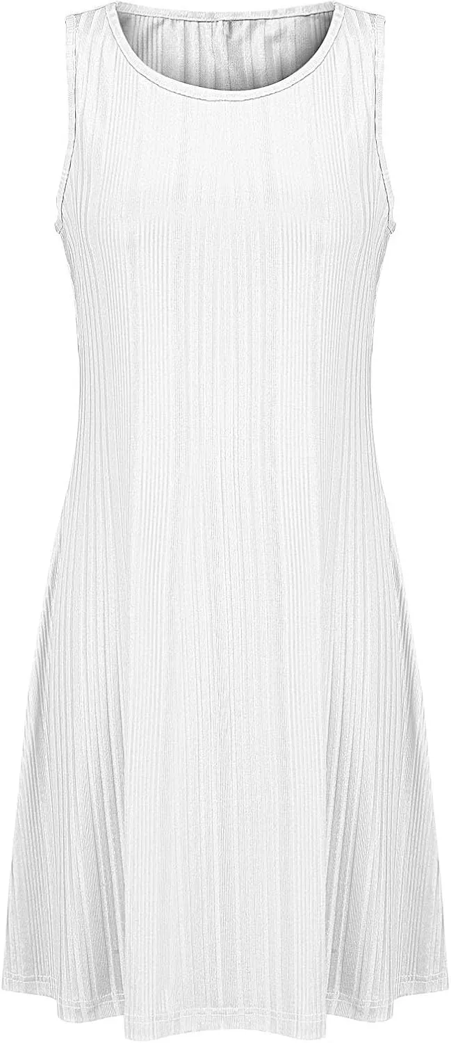 Womens Summer Sleeveless Mini Dress Crewneck Casual A Line Pleated Cover Ups Swing Tank Dresses