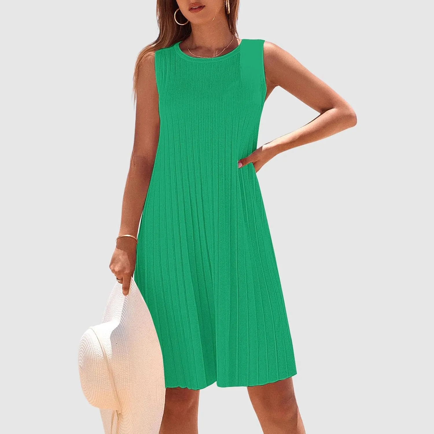 Womens Summer Sleeveless Mini Dress Crewneck Casual A Line Pleated Cover Ups Swing Tank Dresses