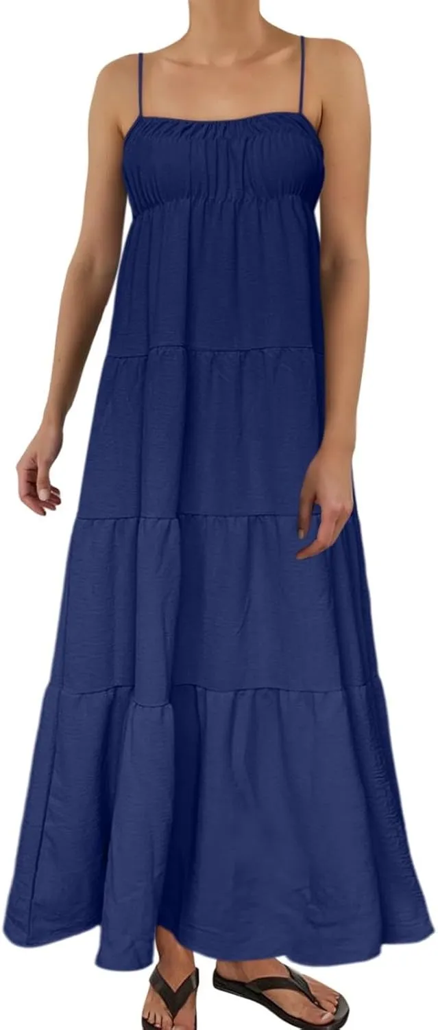 Womens Summer Suspender Dress Boho Sleeveless Pleated Maxi Dress Ruffle Flowy A-Line Elastic Waist Mini Sundress 2025 Trendy