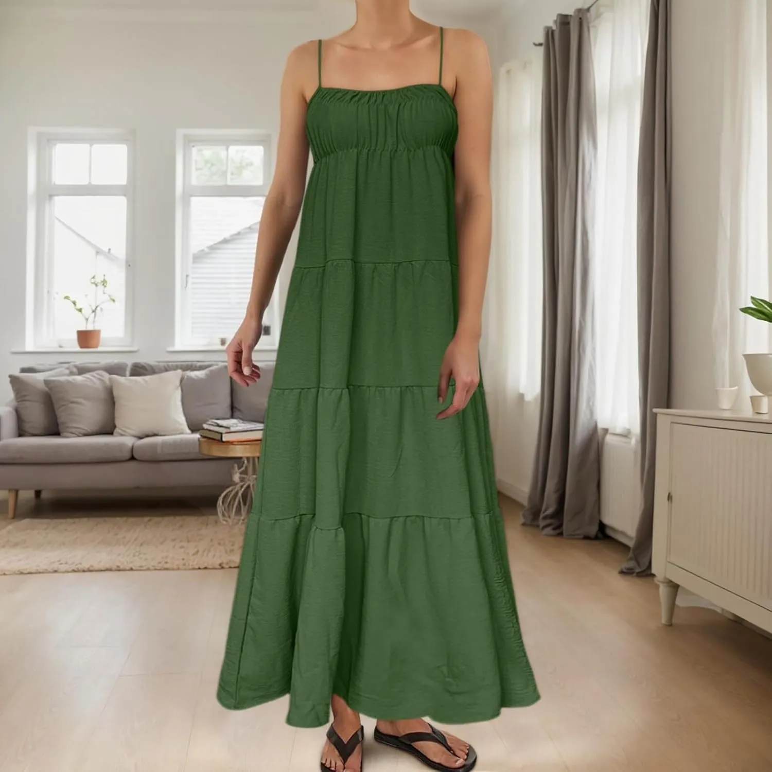 Womens Summer Suspender Dress Boho Sleeveless Pleated Maxi Dress Ruffle Flowy A-Line Elastic Waist Mini Sundress 2025 Trendy