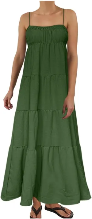 Womens Summer Suspender Dress Boho Sleeveless Pleated Maxi Dress Ruffle Flowy A-Line Elastic Waist Mini Sundress 2025 Trendy