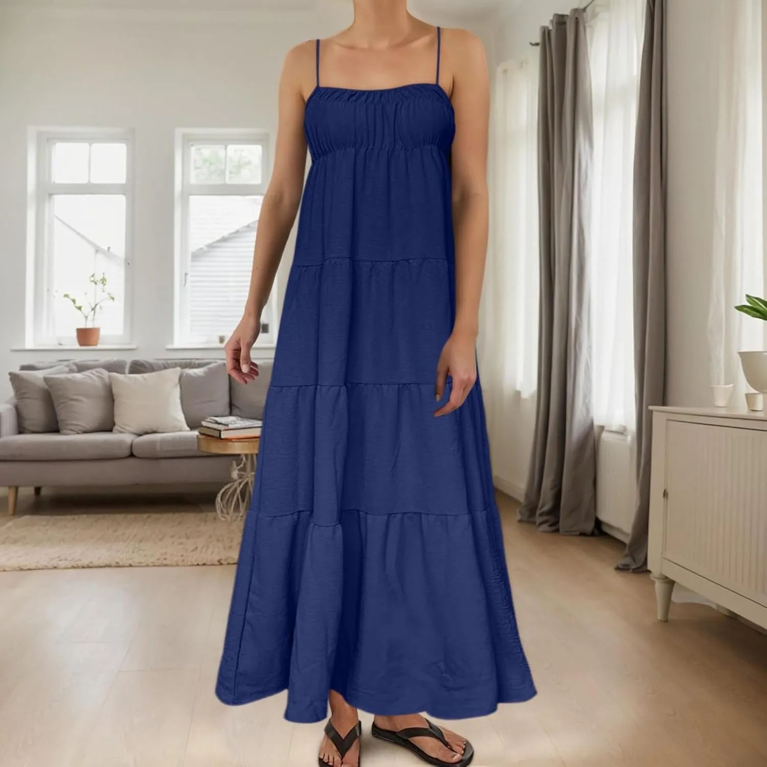 Womens Summer Suspender Dress Boho Sleeveless Pleated Maxi Dress Ruffle Flowy A-Line Elastic Waist Mini Sundress 2025 Trendy
