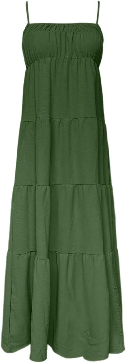 Womens Summer Suspender Dress Boho Sleeveless Pleated Maxi Dress Ruffle Flowy A-Line Elastic Waist Mini Sundress 2025 Trendy