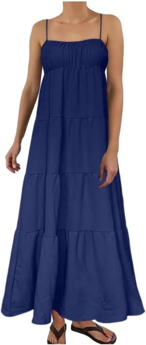 Womens Summer Suspender Dress Boho Sleeveless Pleated Maxi Dress Ruffle Flowy A-Line Elastic Waist Mini Sundress 2025 Trendy