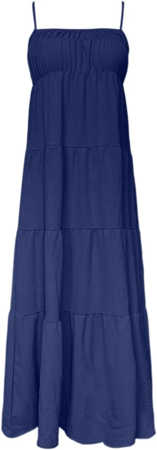 Womens Summer Suspender Dress Boho Sleeveless Pleated Maxi Dress Ruffle Flowy A-Line Elastic Waist Mini Sundress 2025 Trendy