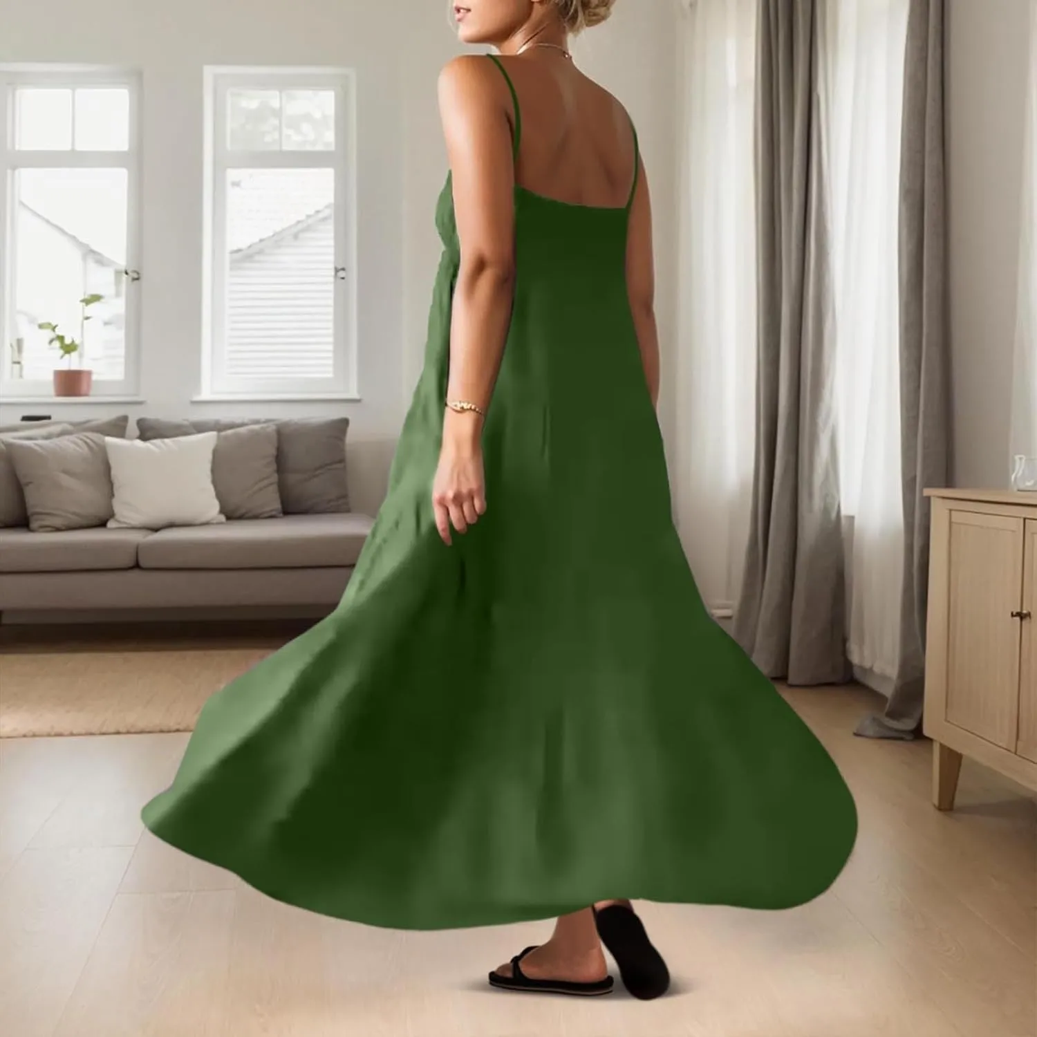Womens Summer Suspender Dress Boho Sleeveless Pleated Maxi Dress Ruffle Flowy A-Line Elastic Waist Mini Sundress 2025 Trendy