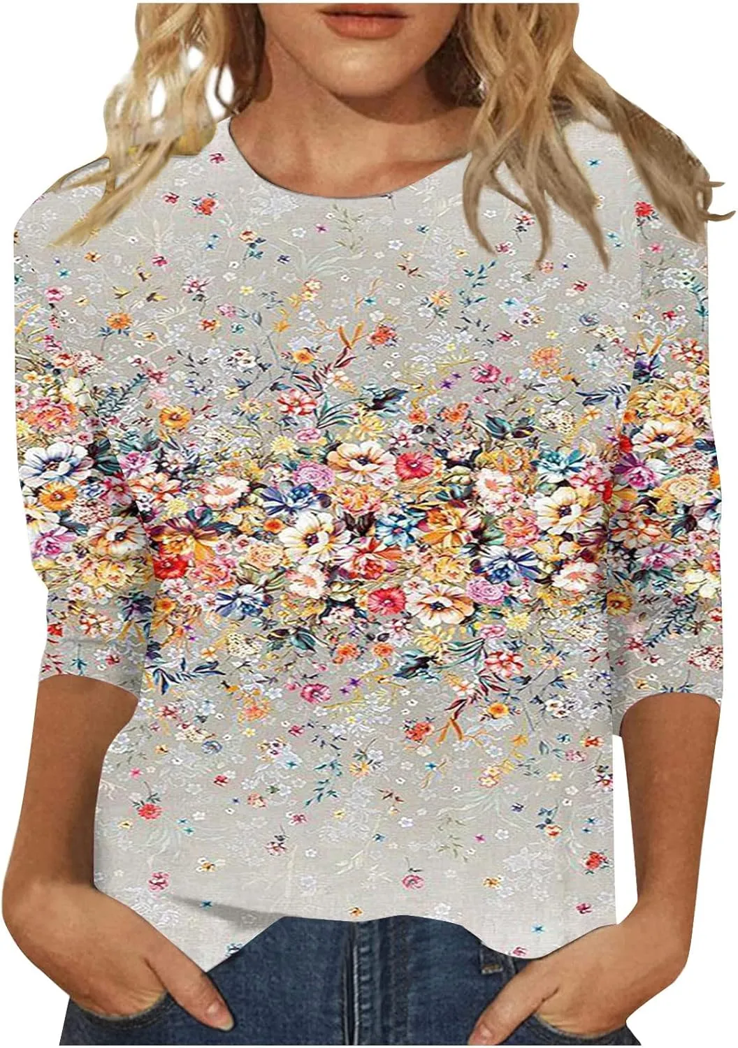 Womens Summer Tops Dressy 3/4 Sleeve Shirts Floral Print Tunic Blouses 2024 Womens Tops Casual Basic Tees