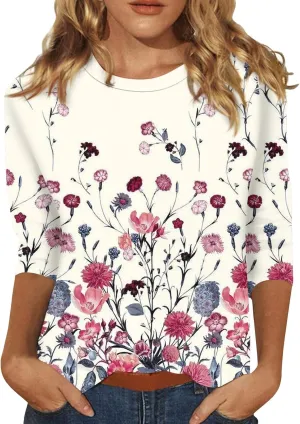 Womens Summer Tops Dressy 3/4 Sleeve Shirts Floral Print Tunic Blouses 2024 Womens Tops Casual Basic Tees
