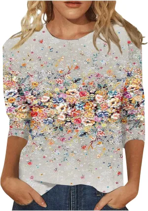 Womens Summer Tops Dressy 3/4 Sleeve Shirts Floral Print Tunic Blouses 2024 Womens Tops Casual Basic Tees
