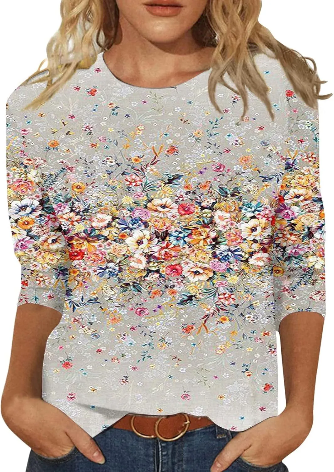 Womens Summer Tops Dressy 3/4 Sleeve Shirts Floral Print Tunic Blouses 2024 Womens Tops Casual Basic Tees