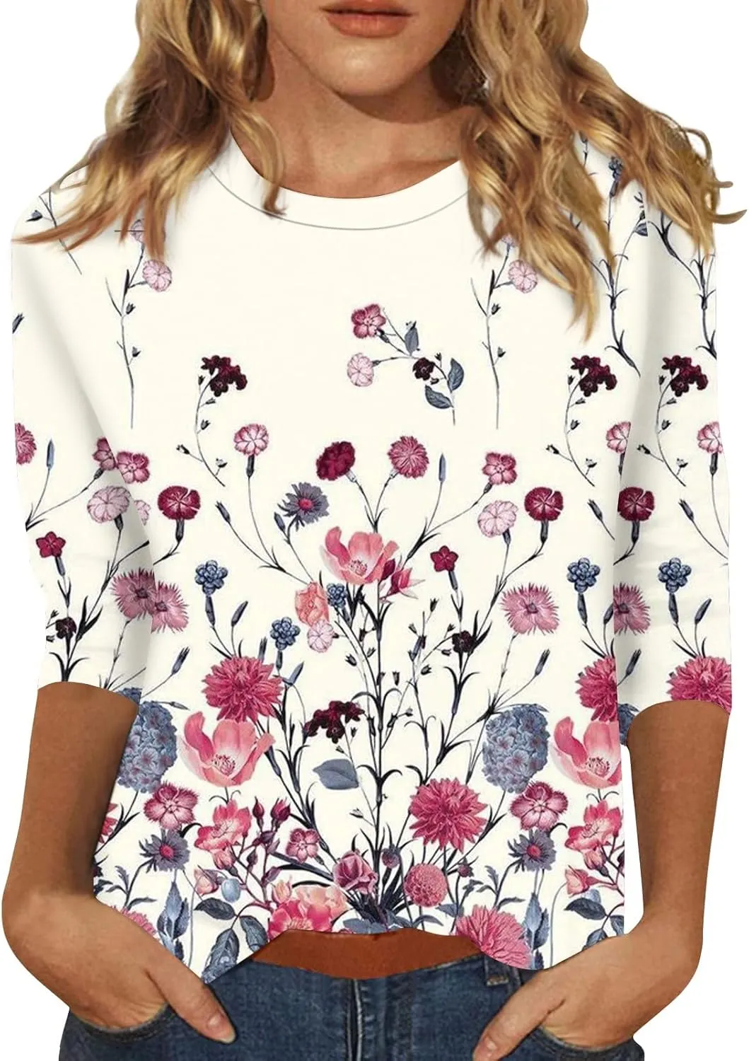 Womens Summer Tops Dressy 3/4 Sleeve Shirts Floral Print Tunic Blouses 2024 Womens Tops Casual Basic Tees