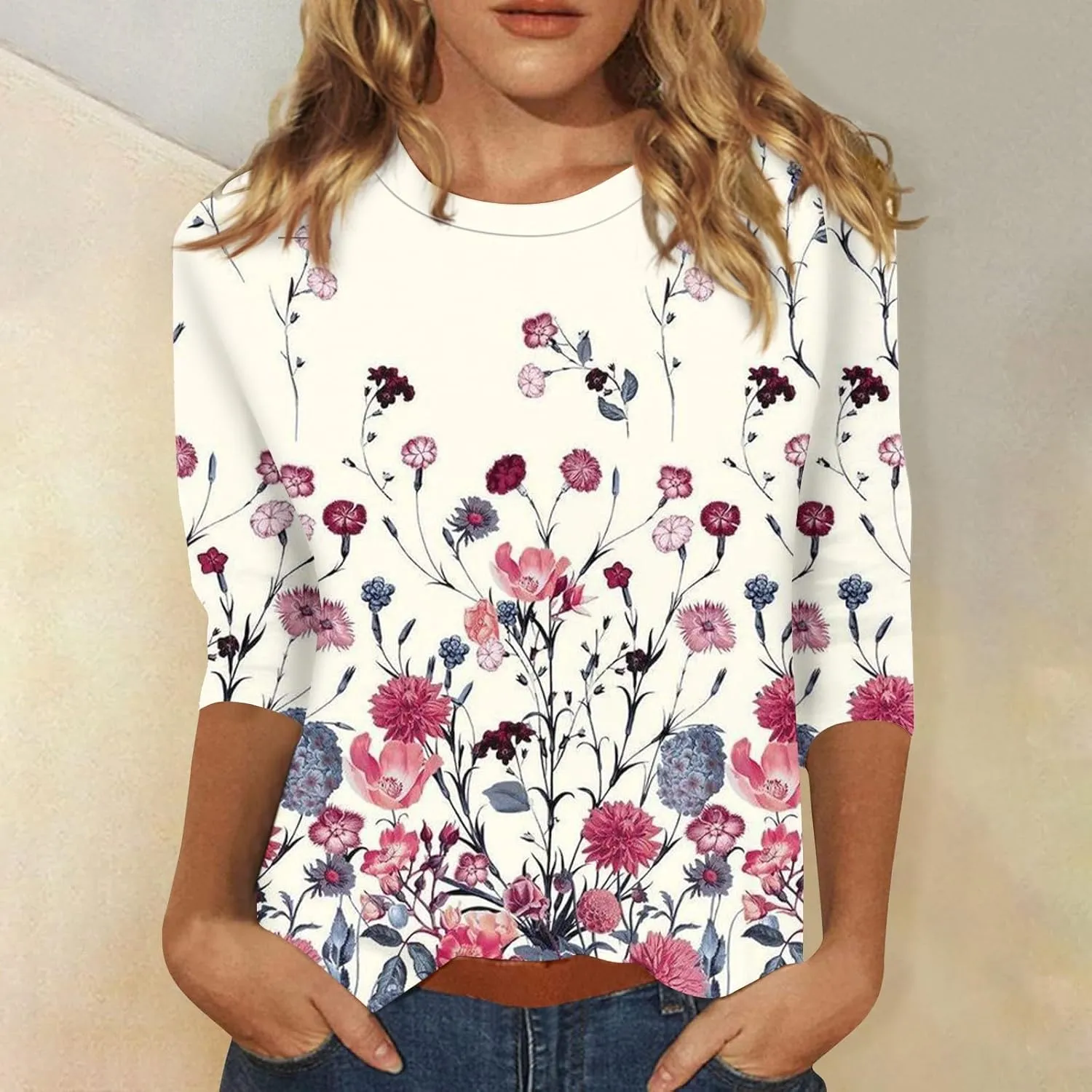 Womens Summer Tops Dressy 3/4 Sleeve Shirts Floral Print Tunic Blouses 2024 Womens Tops Casual Basic Tees