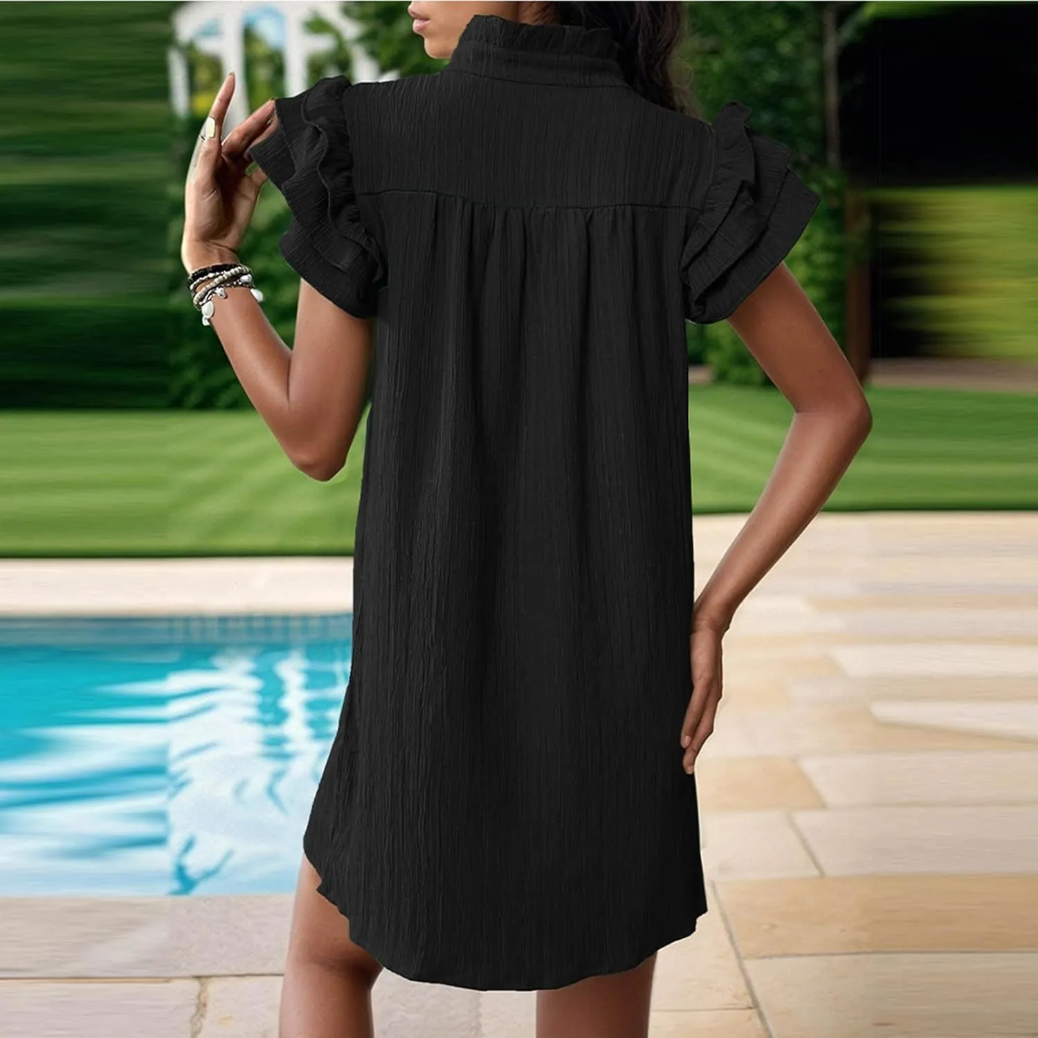 Womens Summer V-Neck Dress Ruffle Cap Short Sleeve Sundress Loose Mini T-Shirt Dresses Cotton Linen Tunic