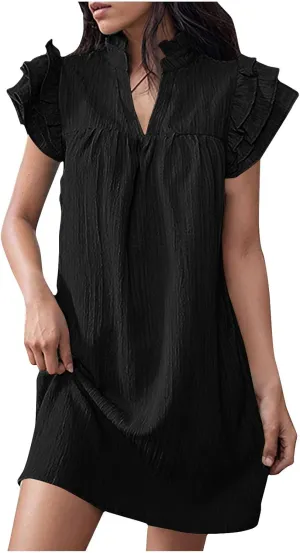 Womens Summer V-Neck Dress Ruffle Cap Short Sleeve Sundress Loose Mini T-Shirt Dresses Cotton Linen Tunic