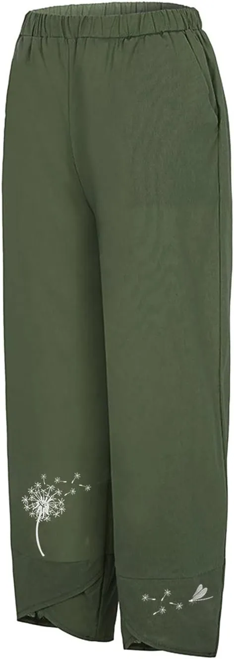 Womens Summer Wide Leg Linen Cropped Pant Dandelions Graphic Tulip Hem Trousers Lightweight Loose Fit Outfits with Pockets