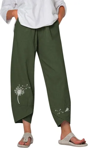 Womens Summer Wide Leg Linen Cropped Pant Dandelions Graphic Tulip Hem Trousers Lightweight Loose Fit Outfits with Pockets
