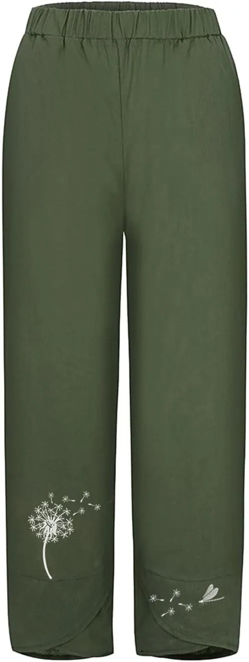 Womens Summer Wide Leg Linen Cropped Pant Dandelions Graphic Tulip Hem Trousers Lightweight Loose Fit Outfits with Pockets